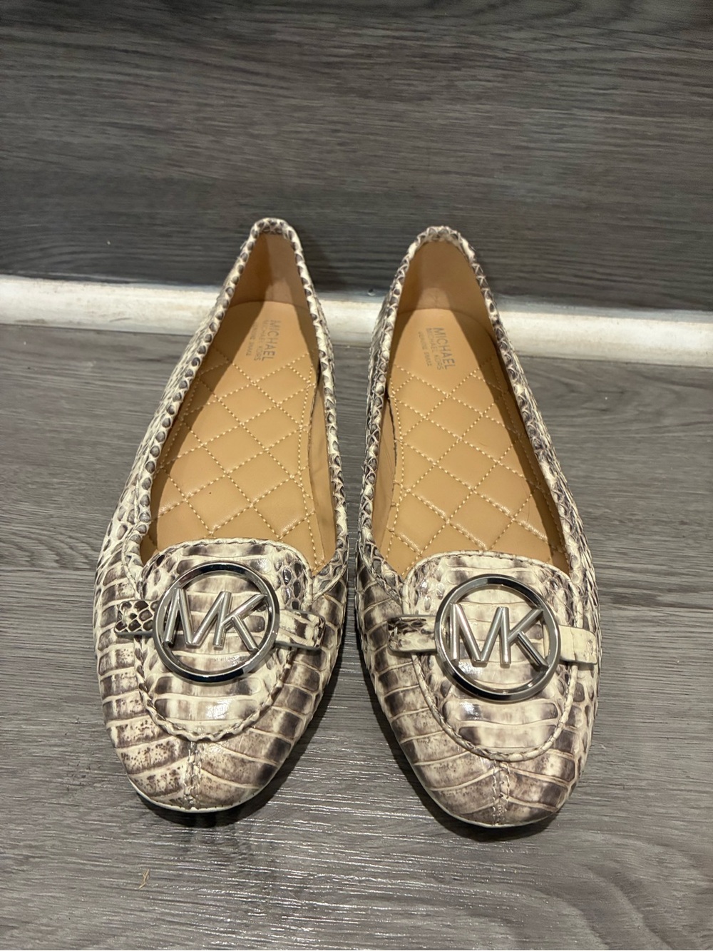 Michael Kors Beige Snake-Print MK Emblem Flats